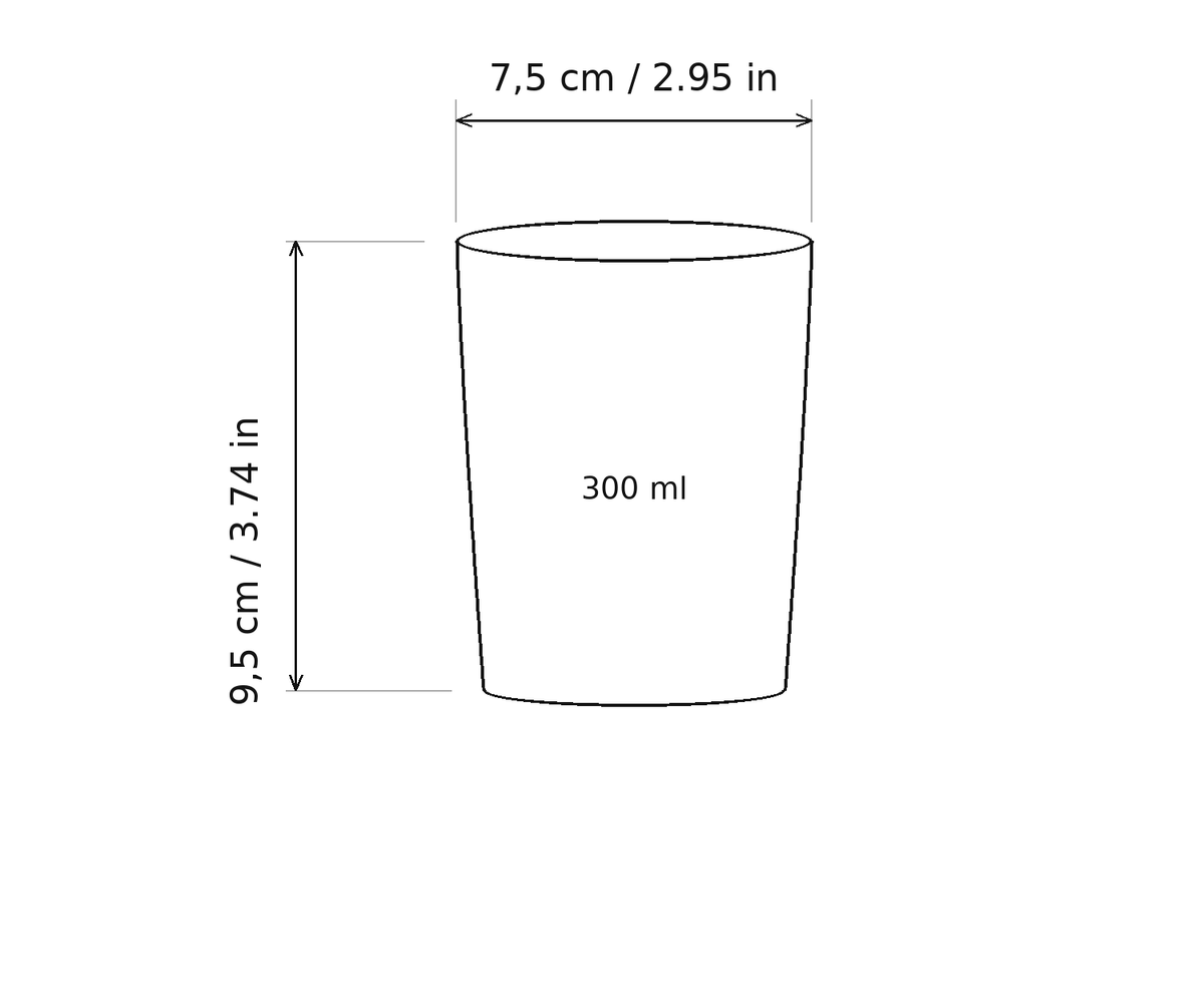 Alboran Glass Tumbler size guide: 7.5 cm wide, 9.5 cm tall, 300 ml