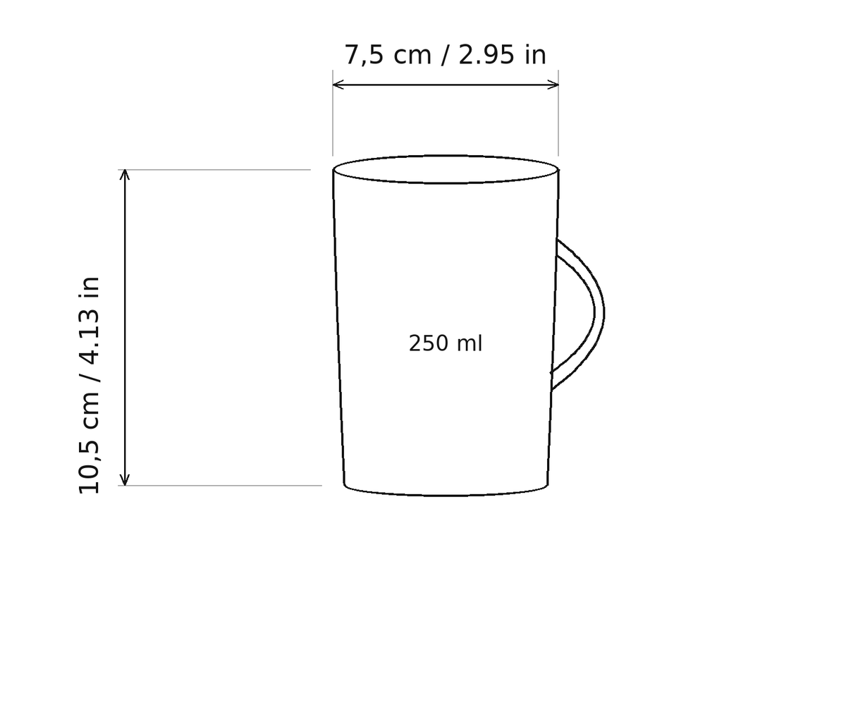 Tabarca Glass Mug size guide: 7.5 cm wide, 10.5 cm tall, 250 ml