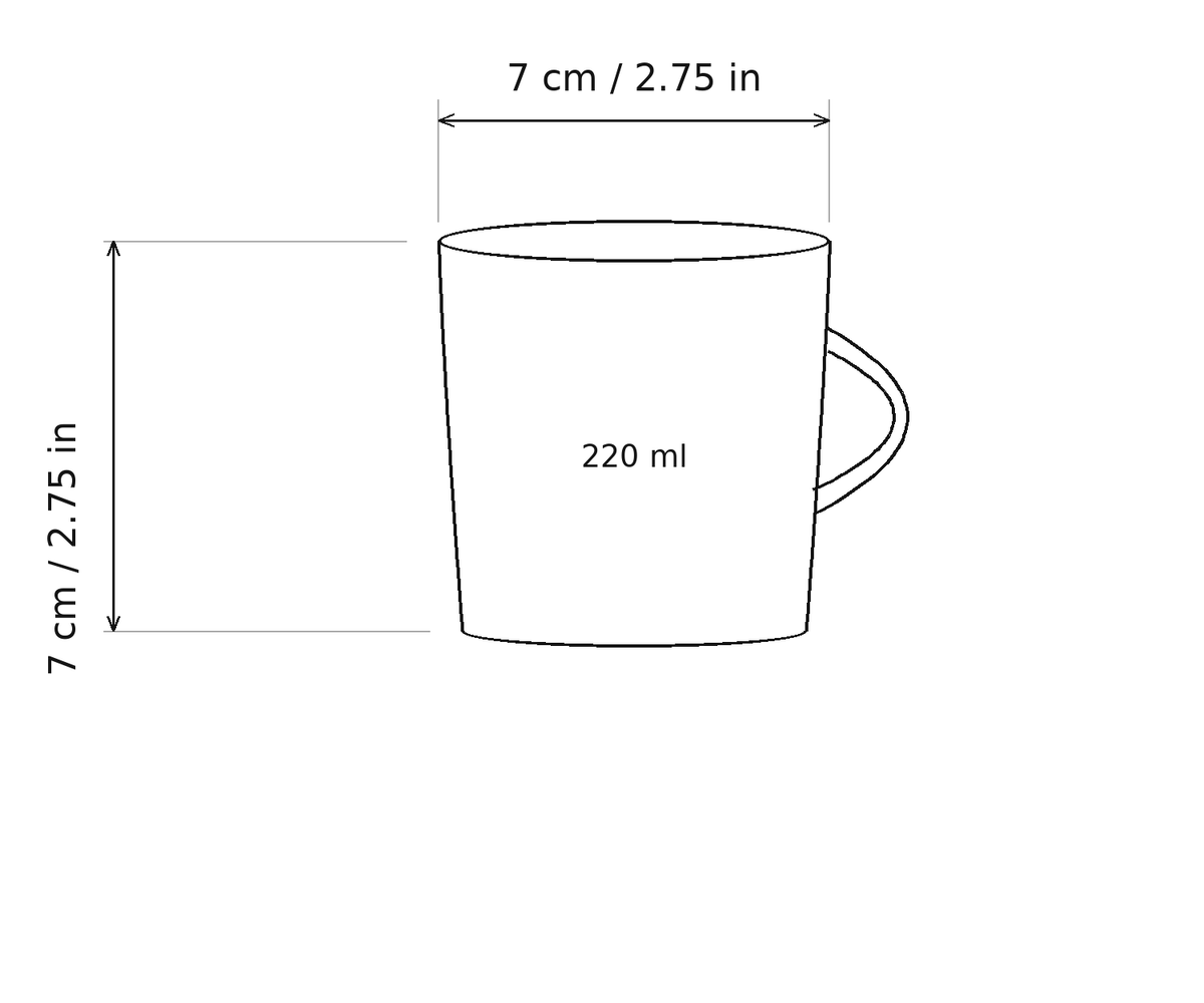 Palma Glass Mug size guide: 7 cm wide, 7 cm tall, 220 ml