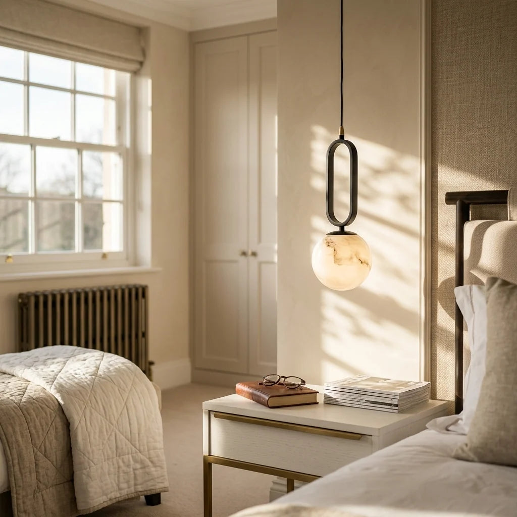 Natural marble globe shade of the Gwen pendant light, uniquely veined