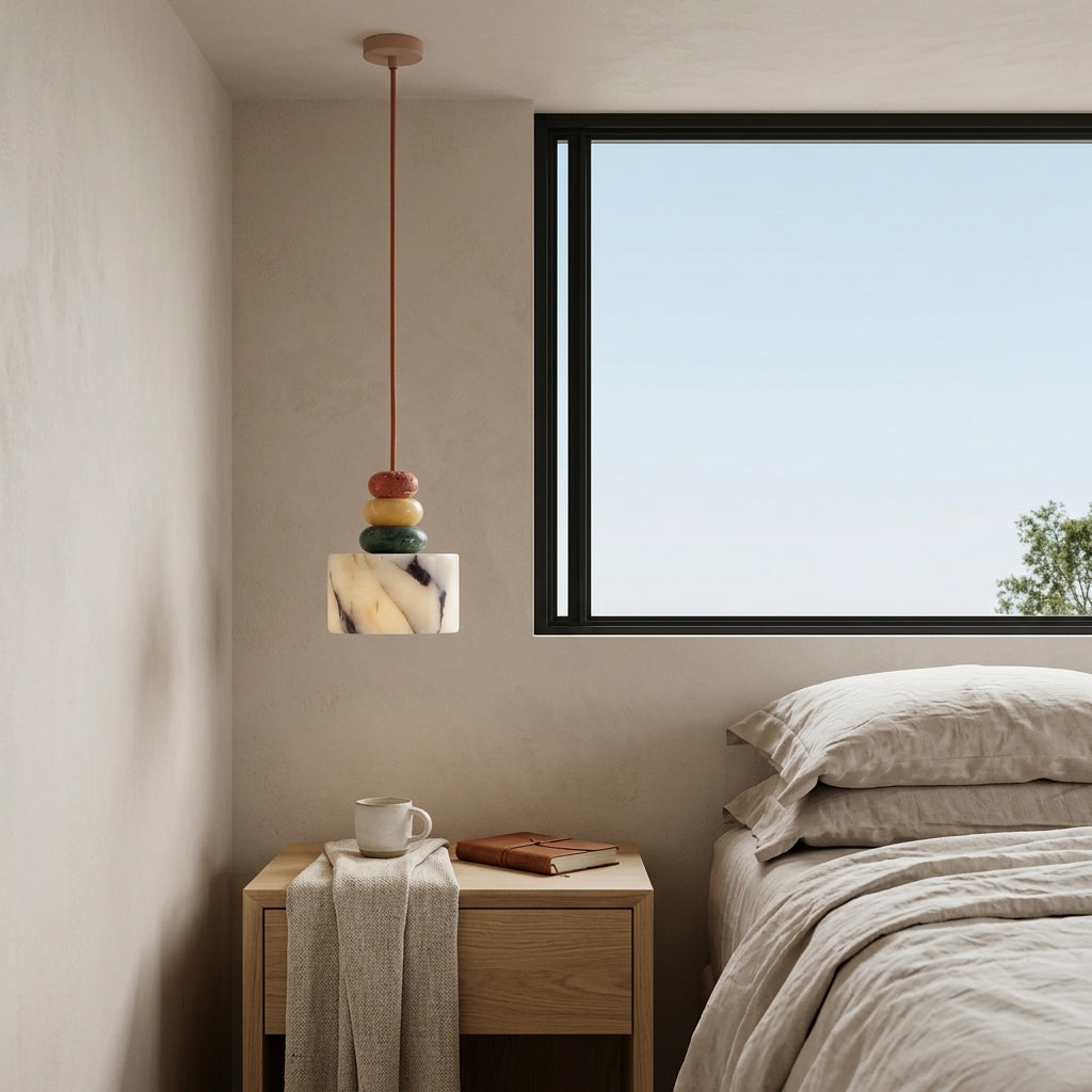 Cairn Pendant Lamp hanging above a bedroom nightstand
