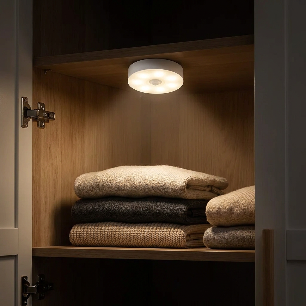 Sense Glow illuminating a dark wardrobe shelf