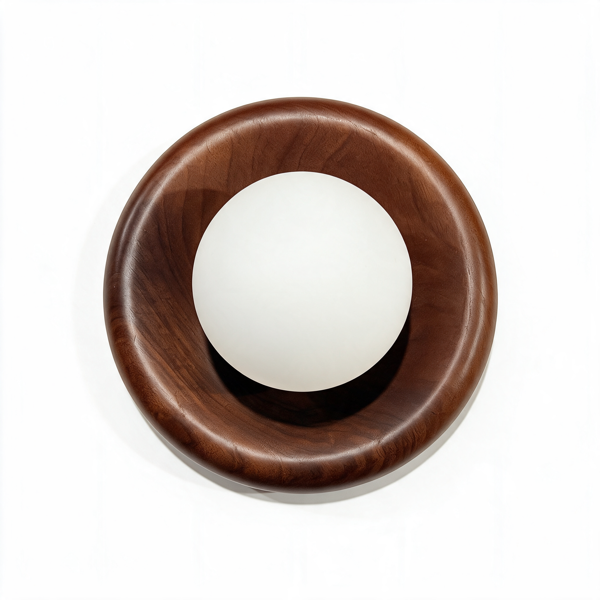 Marlow walnut wall sconce, front view showing 20 cm walnut ring and 10 cm frosted glass shade