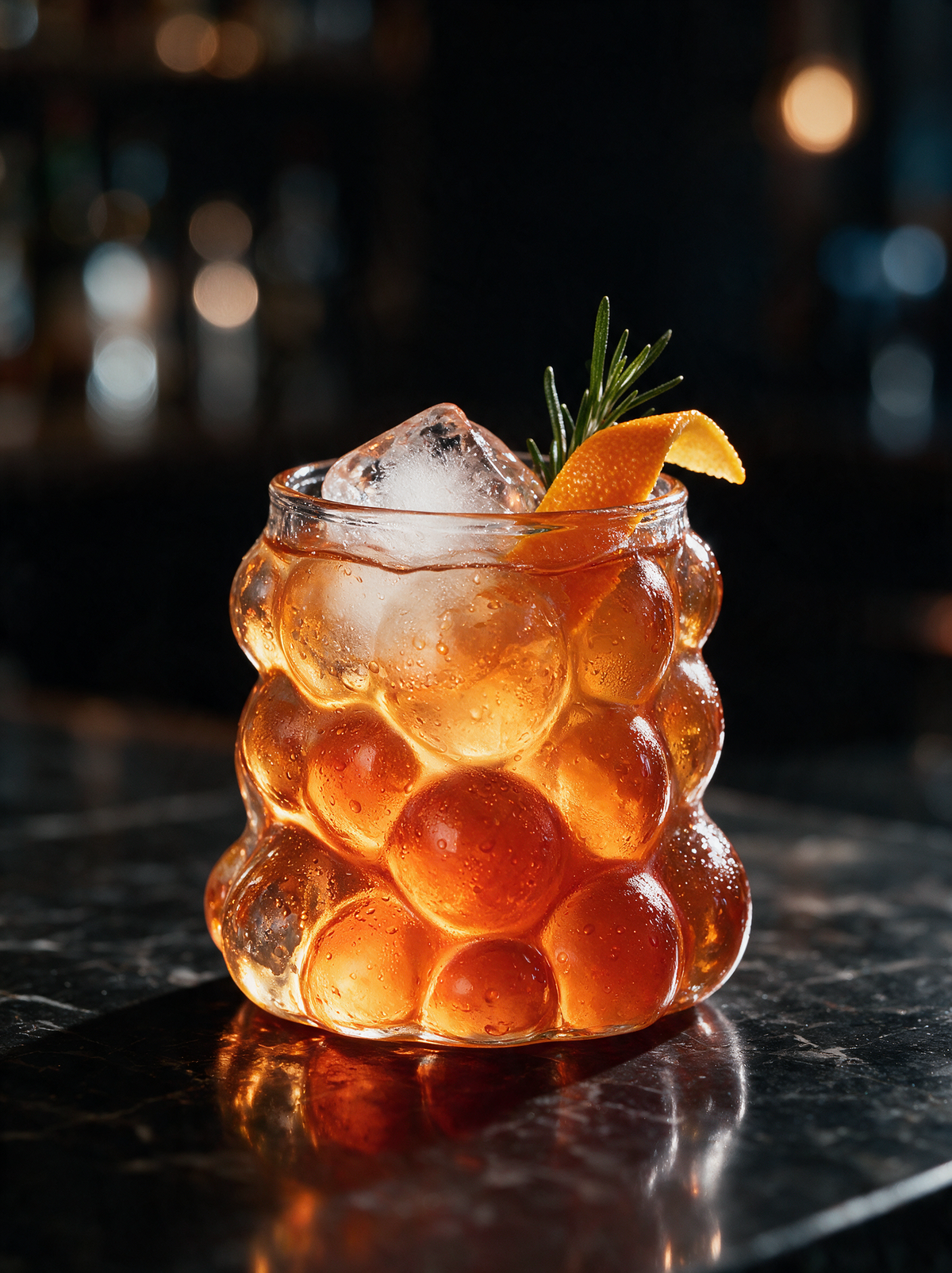Bolla Glass Mug without handle holding an amber cocktail on a dark marble bar