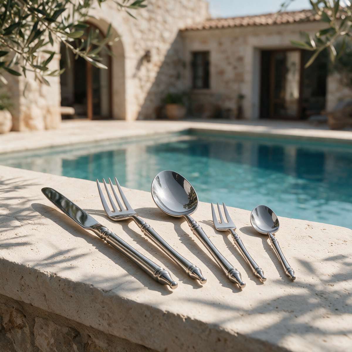 Aria Cutlery Set, 5-piece place setting, on a sunlit stone villa terrace by the pool