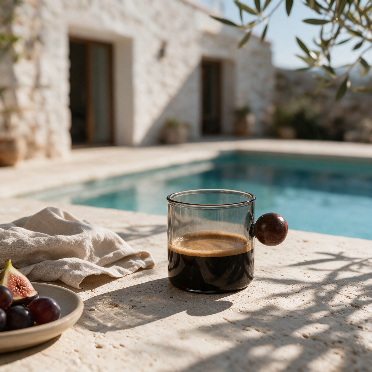 Palma Glass Mug with espresso on a villa terrace table with figs and grapes