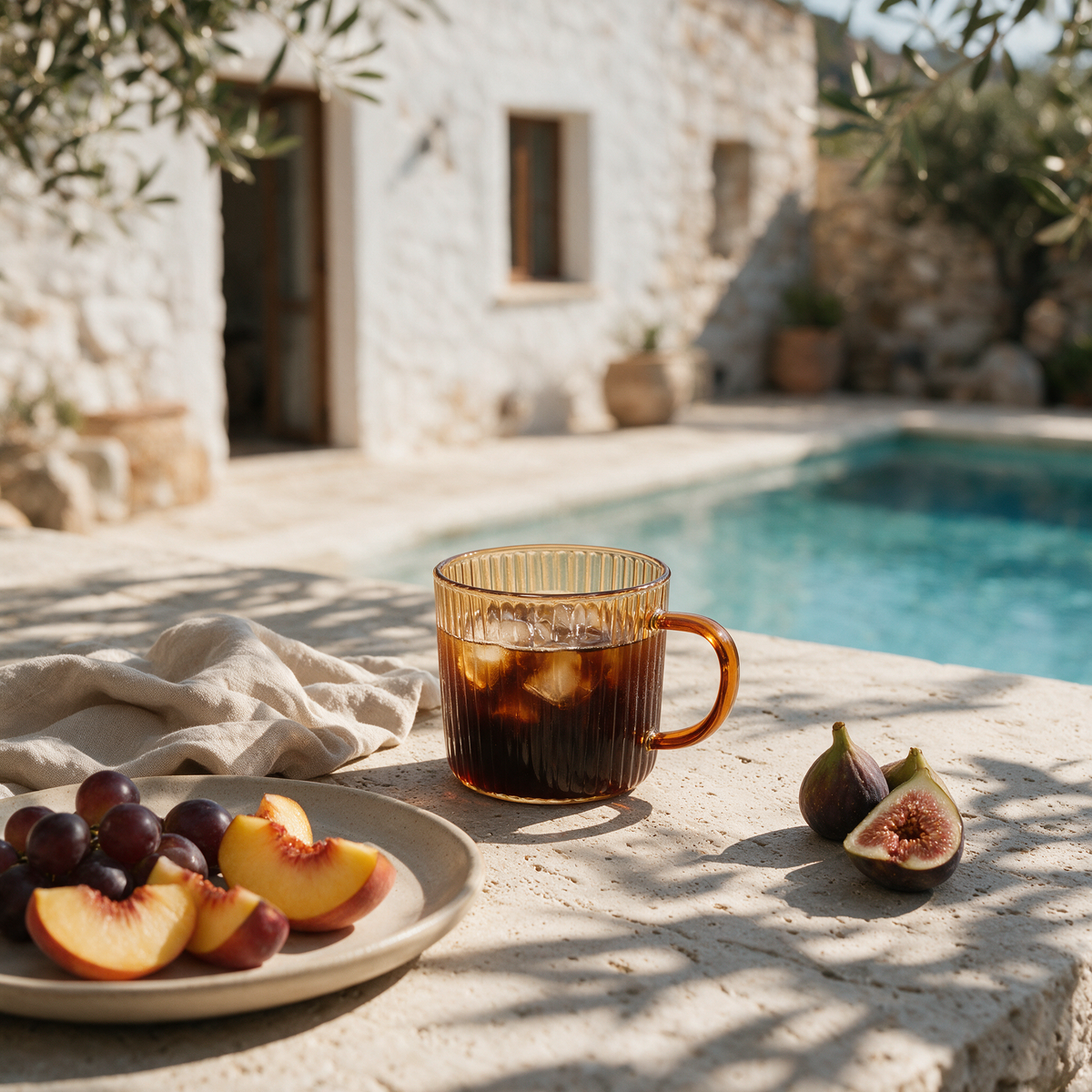 Tabarca Glass Mug at a villa terrace breakfast with peaches, grapes and figs