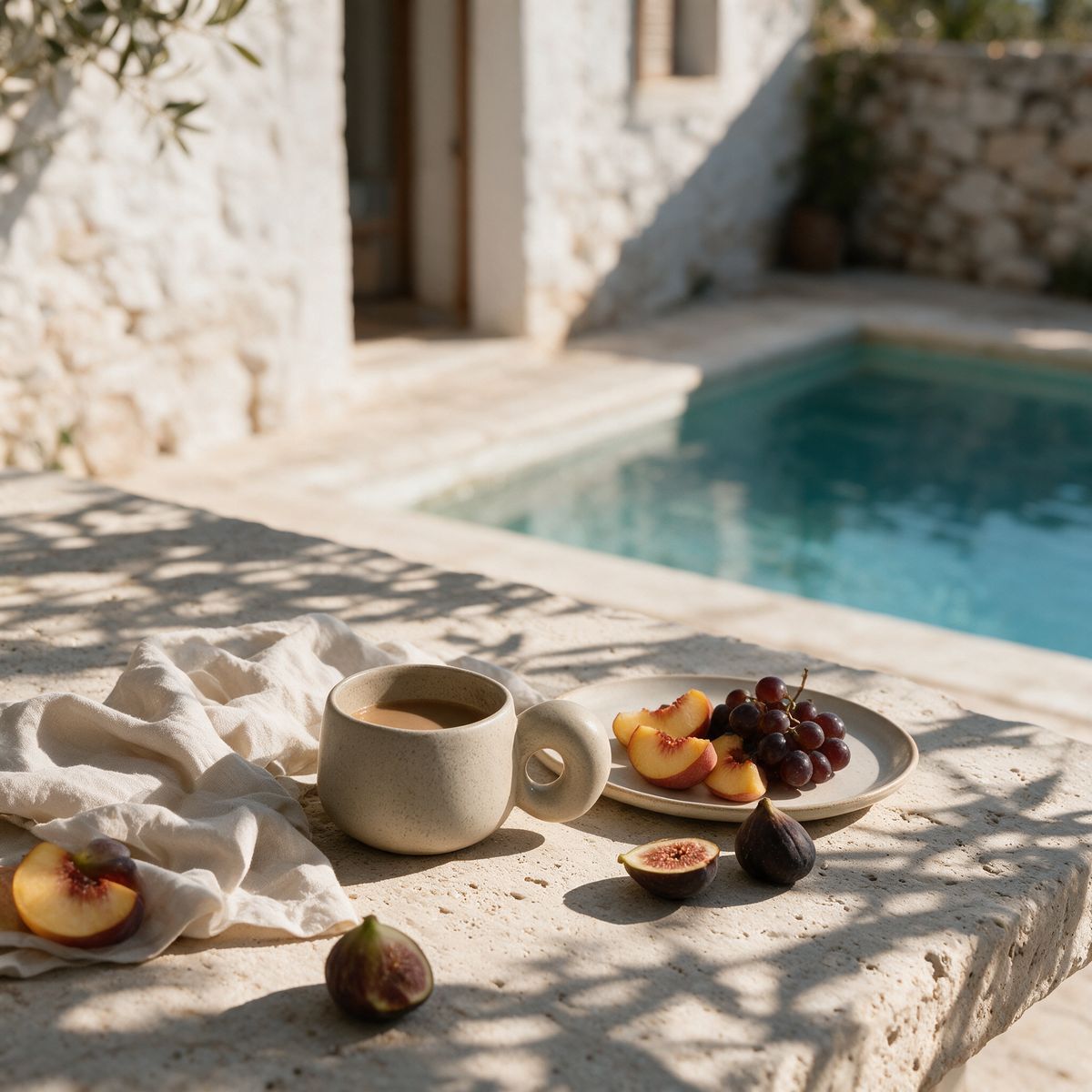 Ibiza Ceramic Mug at a villa terrace breakfast with peaches, grapes and figs