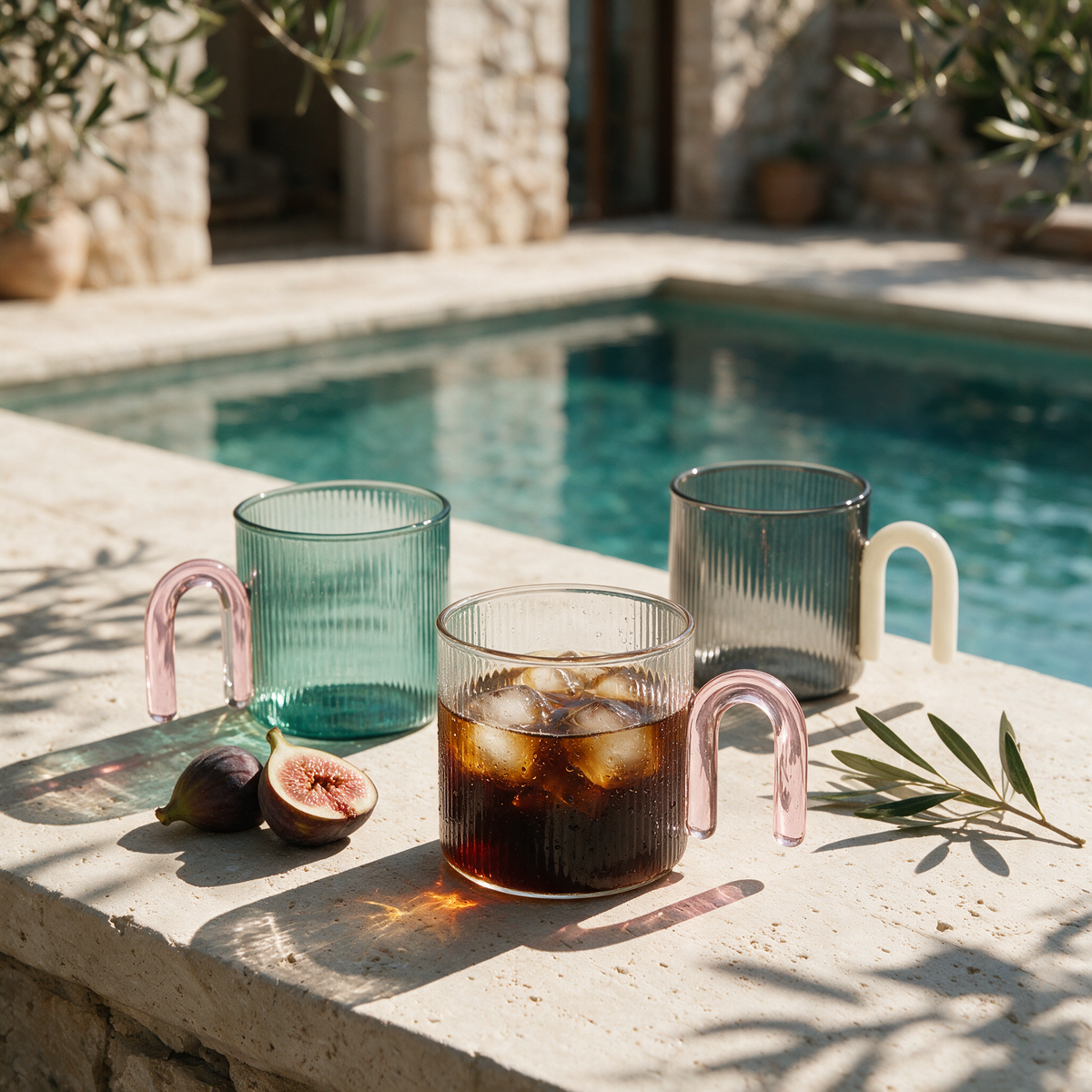 Faisanes Glass Mugs in clear, aqua and grey with figs at a stone villa pool