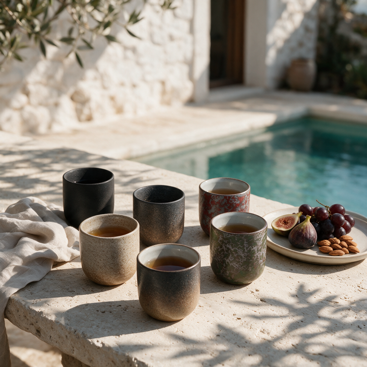 Paros Ceramic Cups at a villa terrace afternoon tea with figs, grapes and almonds