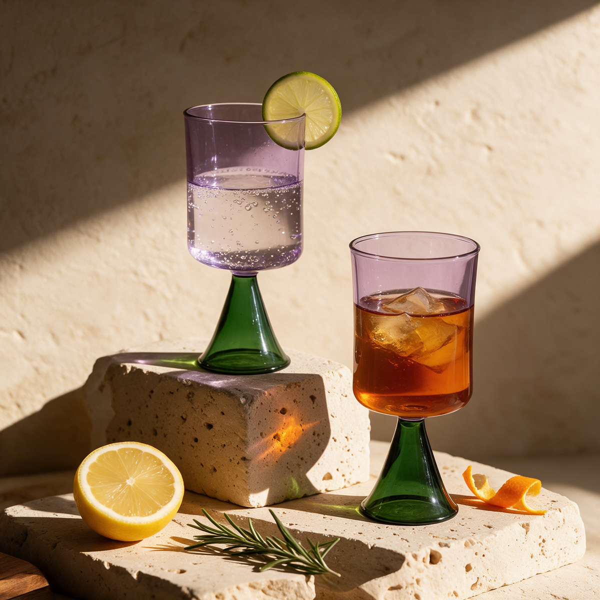 Cies Glass Goblets in lilac and green on sunlit travertine blocks with citrus