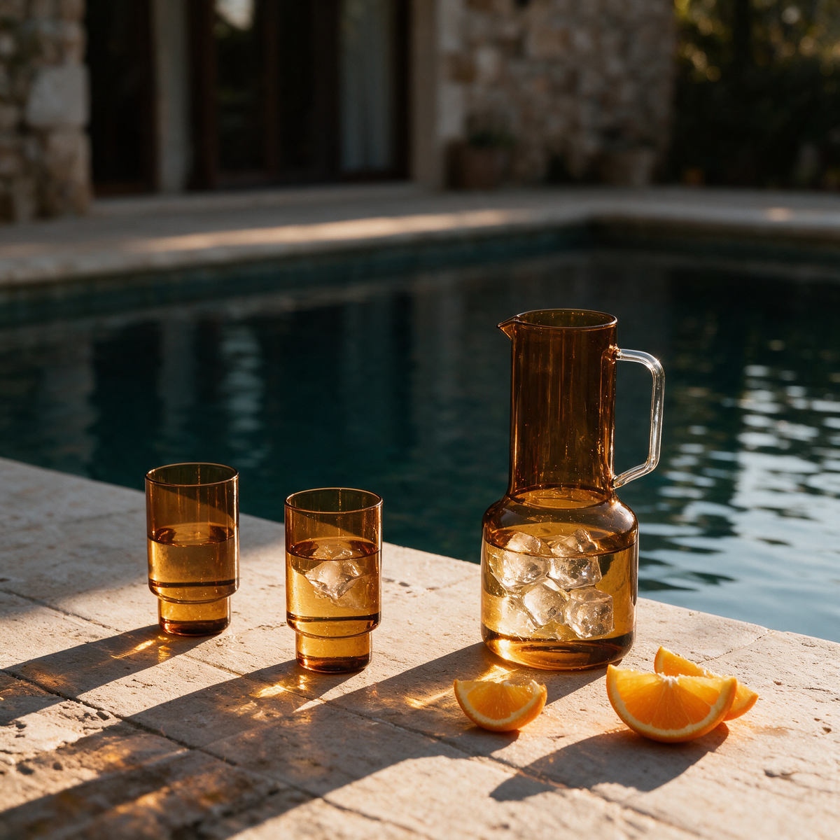 Palmarola amber carafe and tumblers on pool coping stone in low golden light
