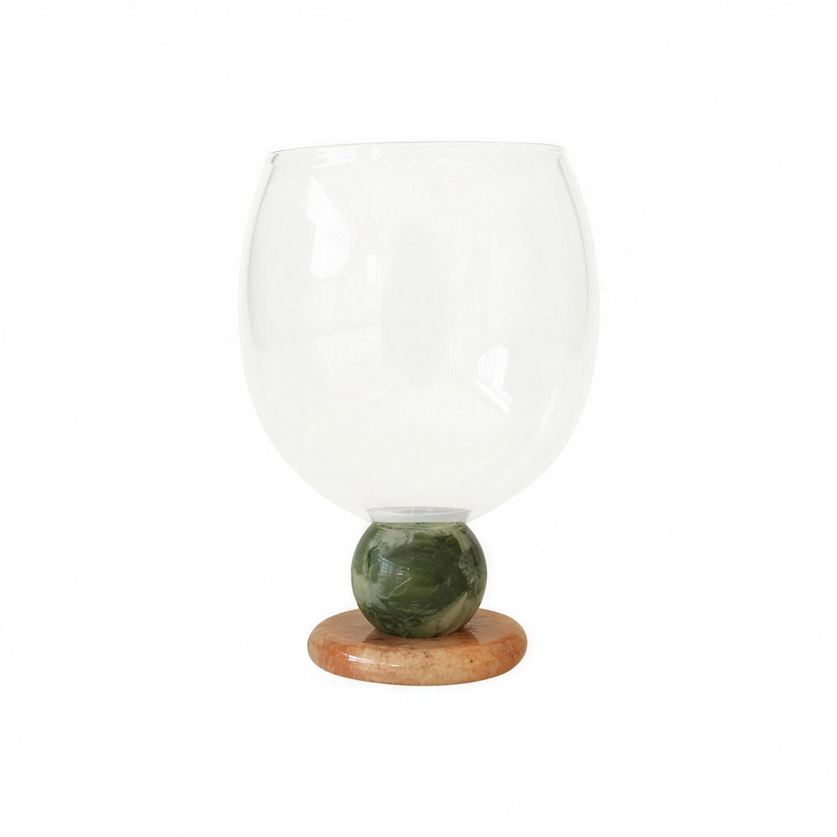 Panarea Glass Goblet in Moss & Peach: moss green stone ball on a peach stone foot