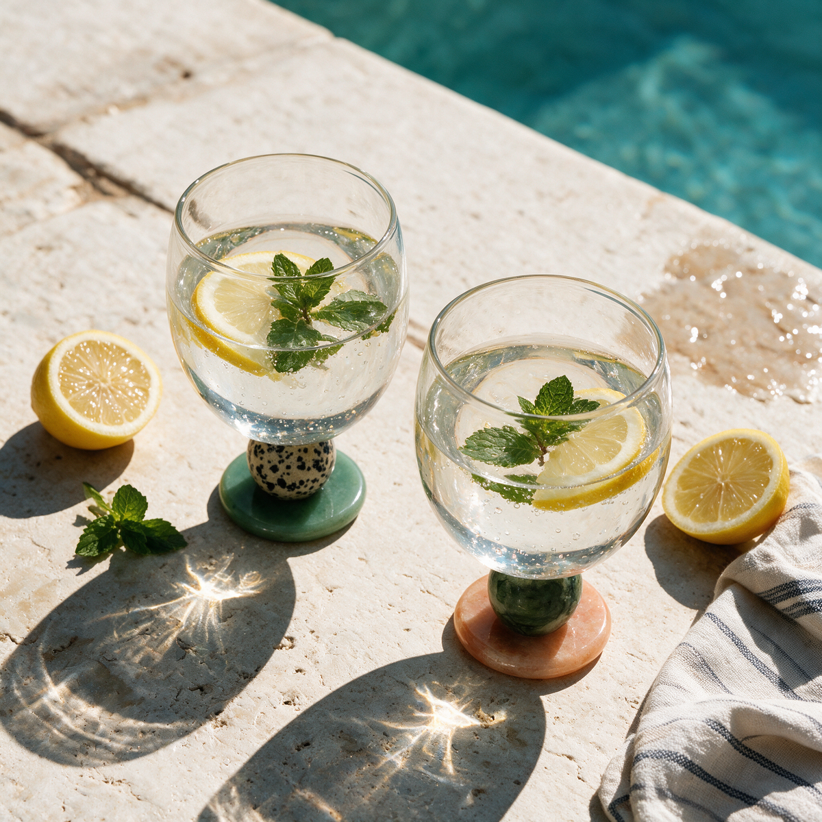 Panarea goblets of sparkling water with lemon and mint on a sunlit poolside stone table