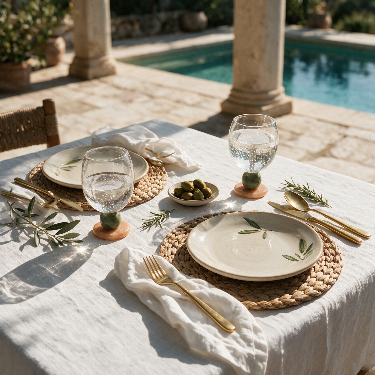 Panarea goblets in Moss & Peach on a sunlit linen dining table by a villa pool with rattan placemats and olive leaves