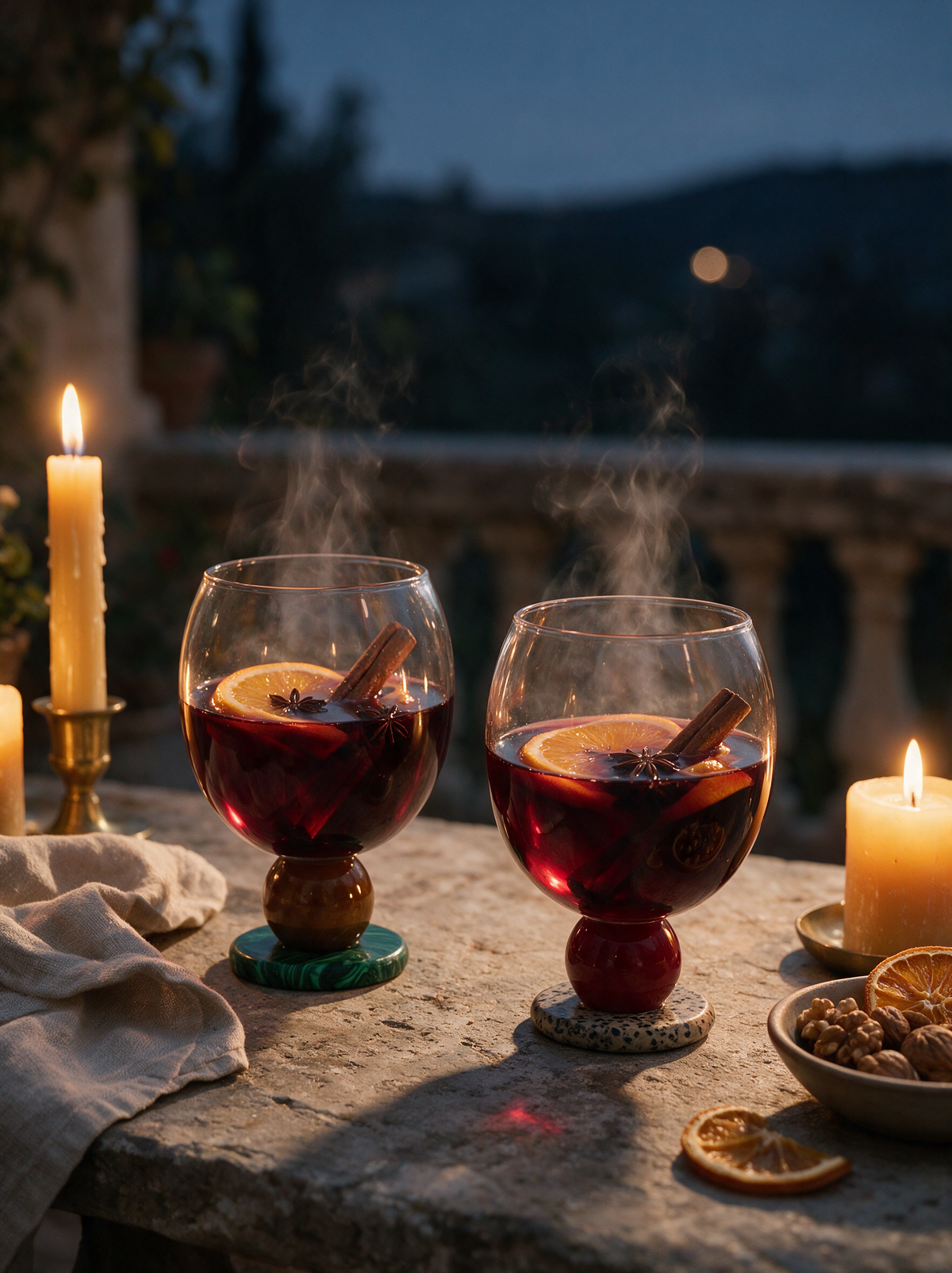 Steaming mulled wine in two Panarea goblets by candlelight on a stone terrace