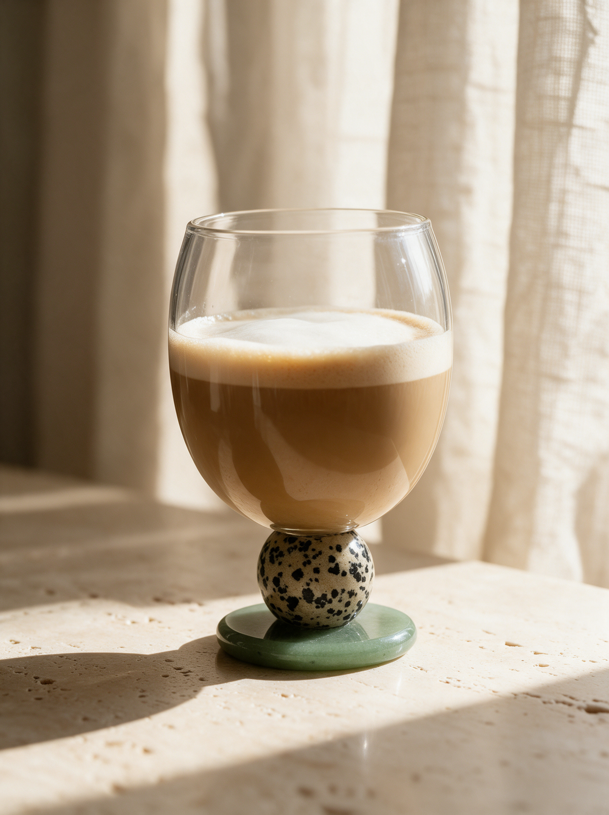 Cappuccino in a Panarea goblet with speckled stone ball on a green stone foot, close-up