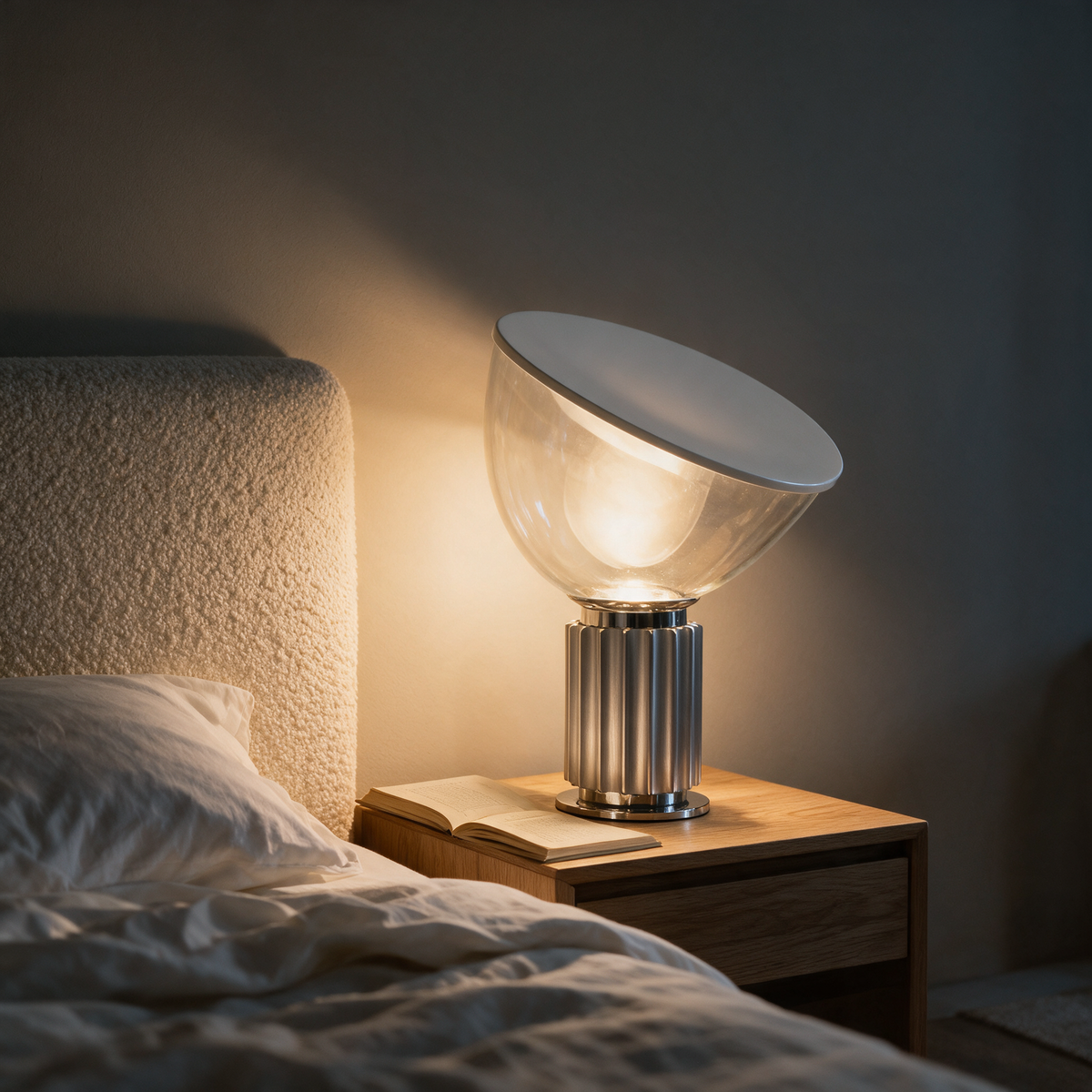 Luca Table Lamp, silver, on an oak bedside table