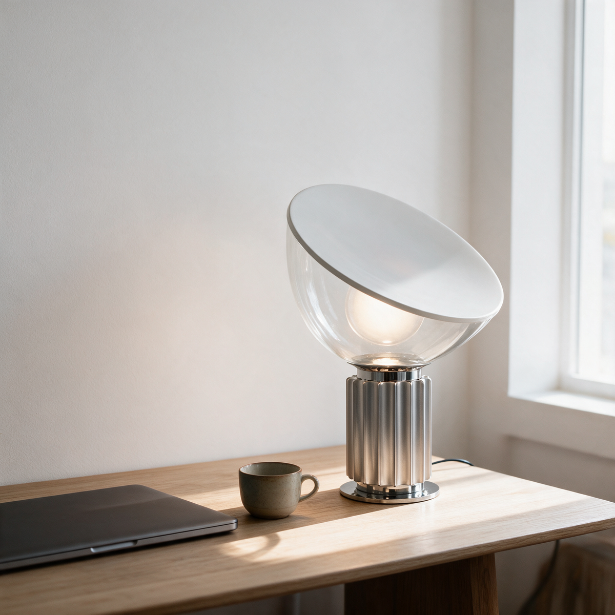 Luca Table Lamp, silver, on a pale oak desk in daylight
