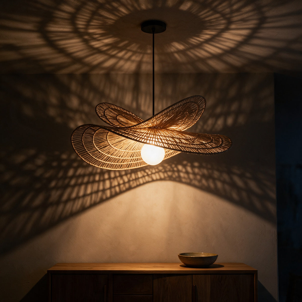 Isla Chandelier at night casting woven rattan shadow patterns across the ceiling and wall