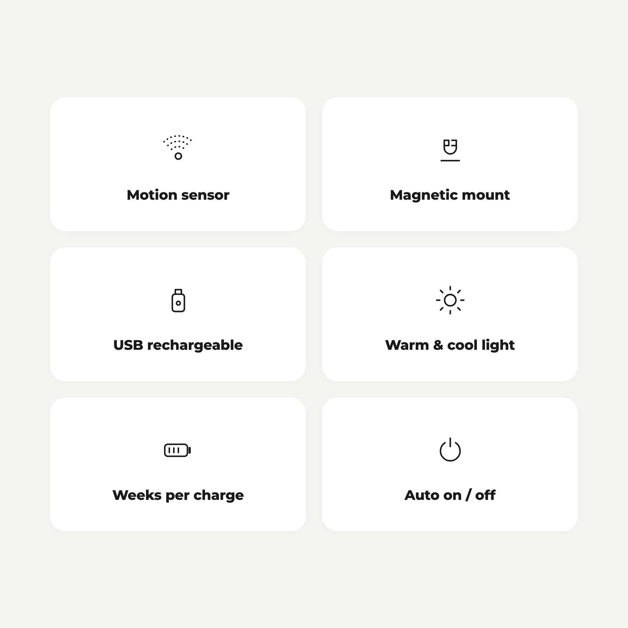 Sense Glow features — motion sensor, magnetic mount, USB rechargeable, warm and cool light, long battery, auto on/off