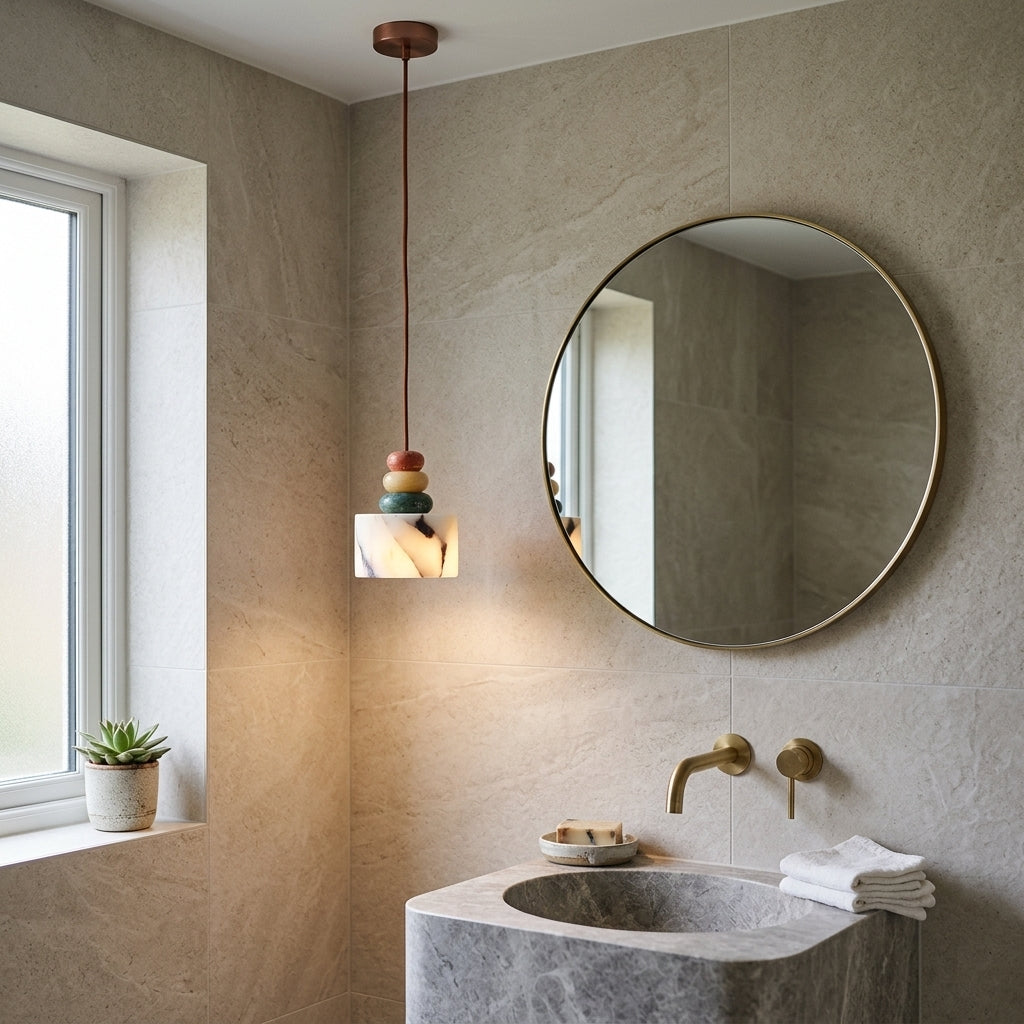 Cairn Pendant Lamp installed above bathroom vanity