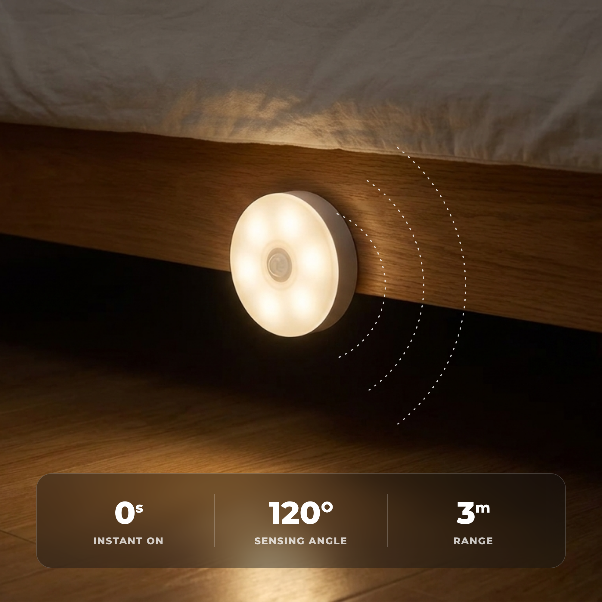 Sense Glow specs — instant on, 120° sensing angle, 3 m range