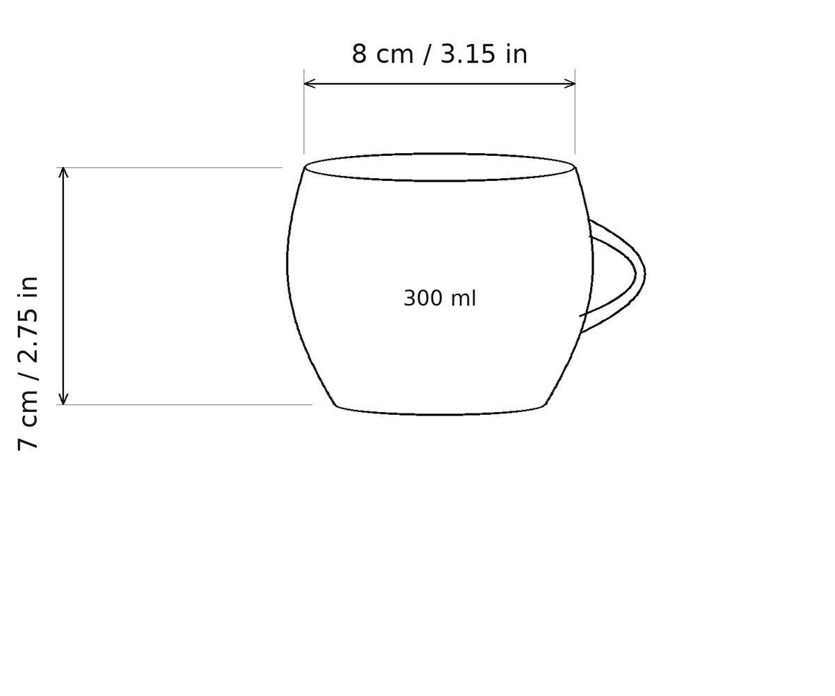 Faisanes Glass Mug size guide: 8 cm wide, 7 cm tall, 300 ml