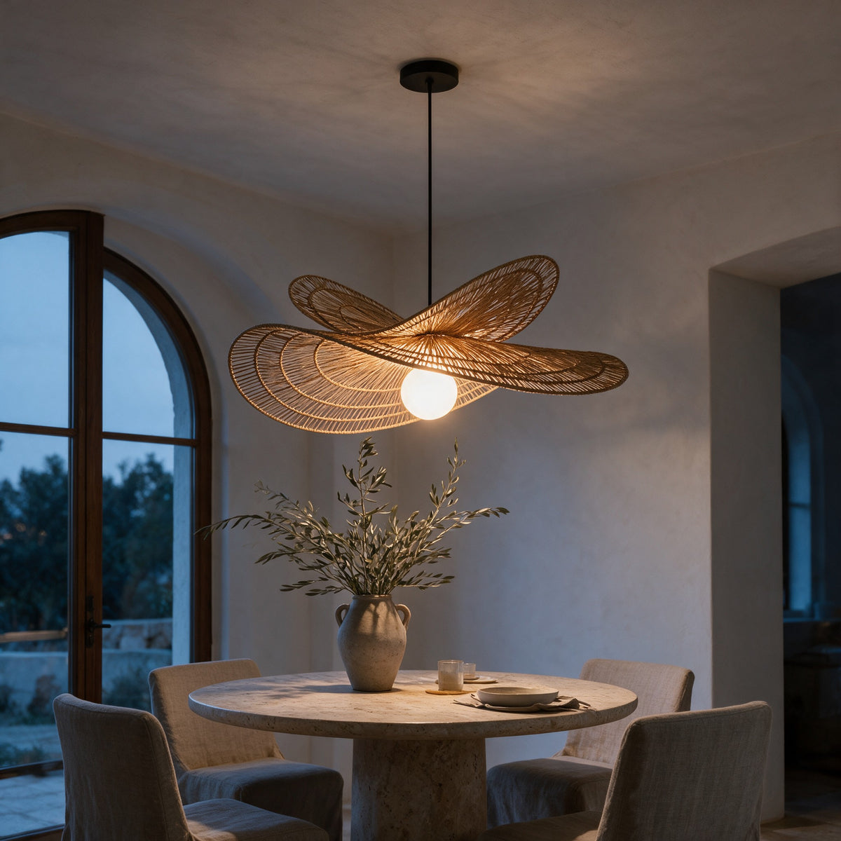 Isla rattan chandelier lit over a round stone dining table in a Mediterranean dining room at dusk