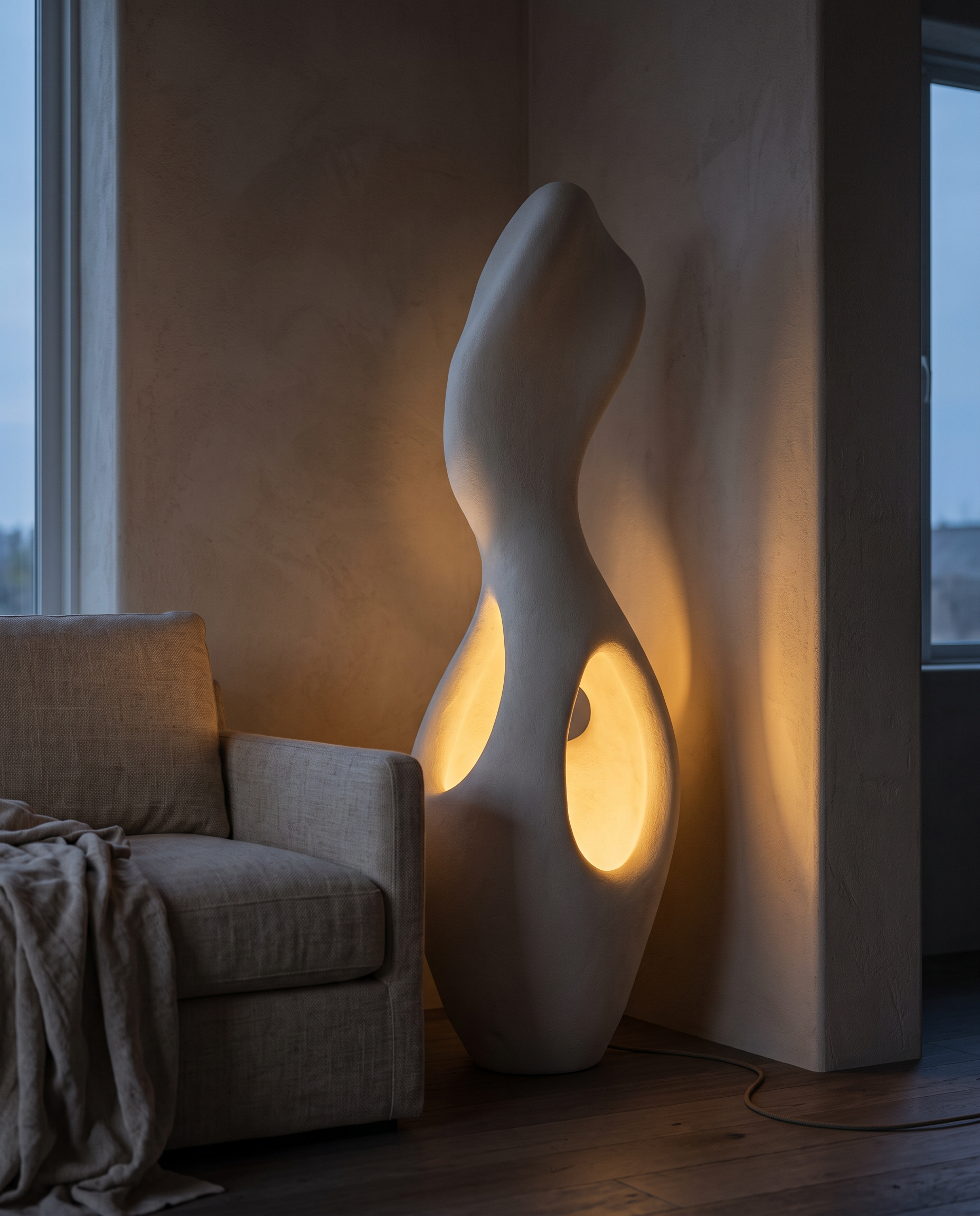 Martha floor lamp at night in a quiet living room corner, warm light spilling onto a beige plaster wall