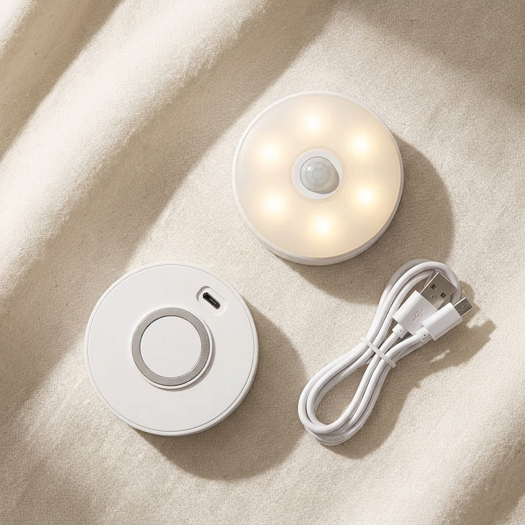Sense Glow set — front with LED ring and sensor, back with USB port, charging cable