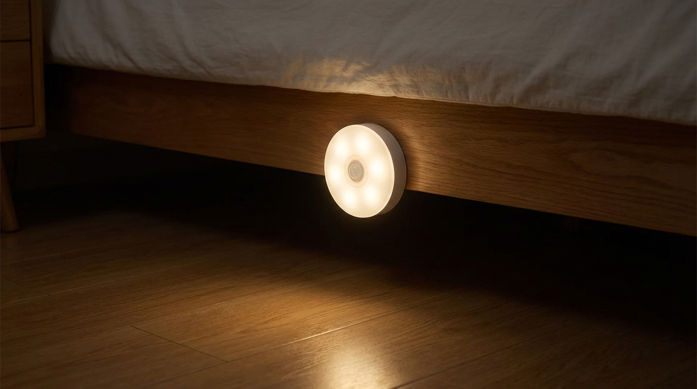 Sense Glow glowing softly under a bed frame at night