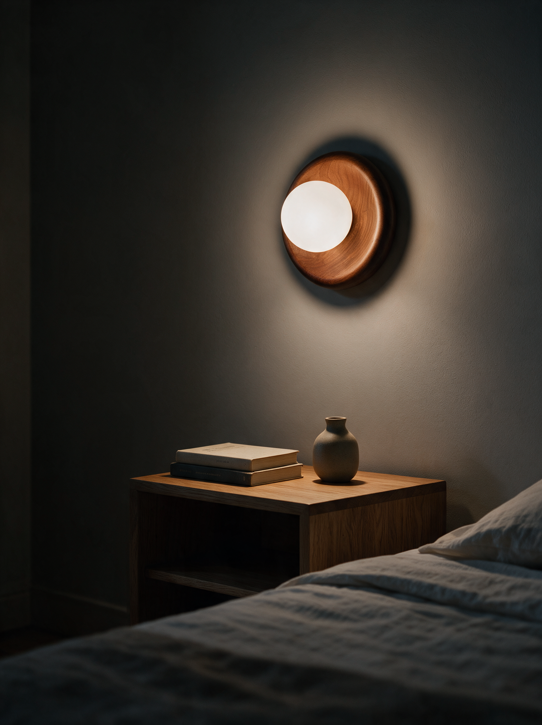 Marlow walnut wall sconce mounted above a bedside table in a dark bedroom