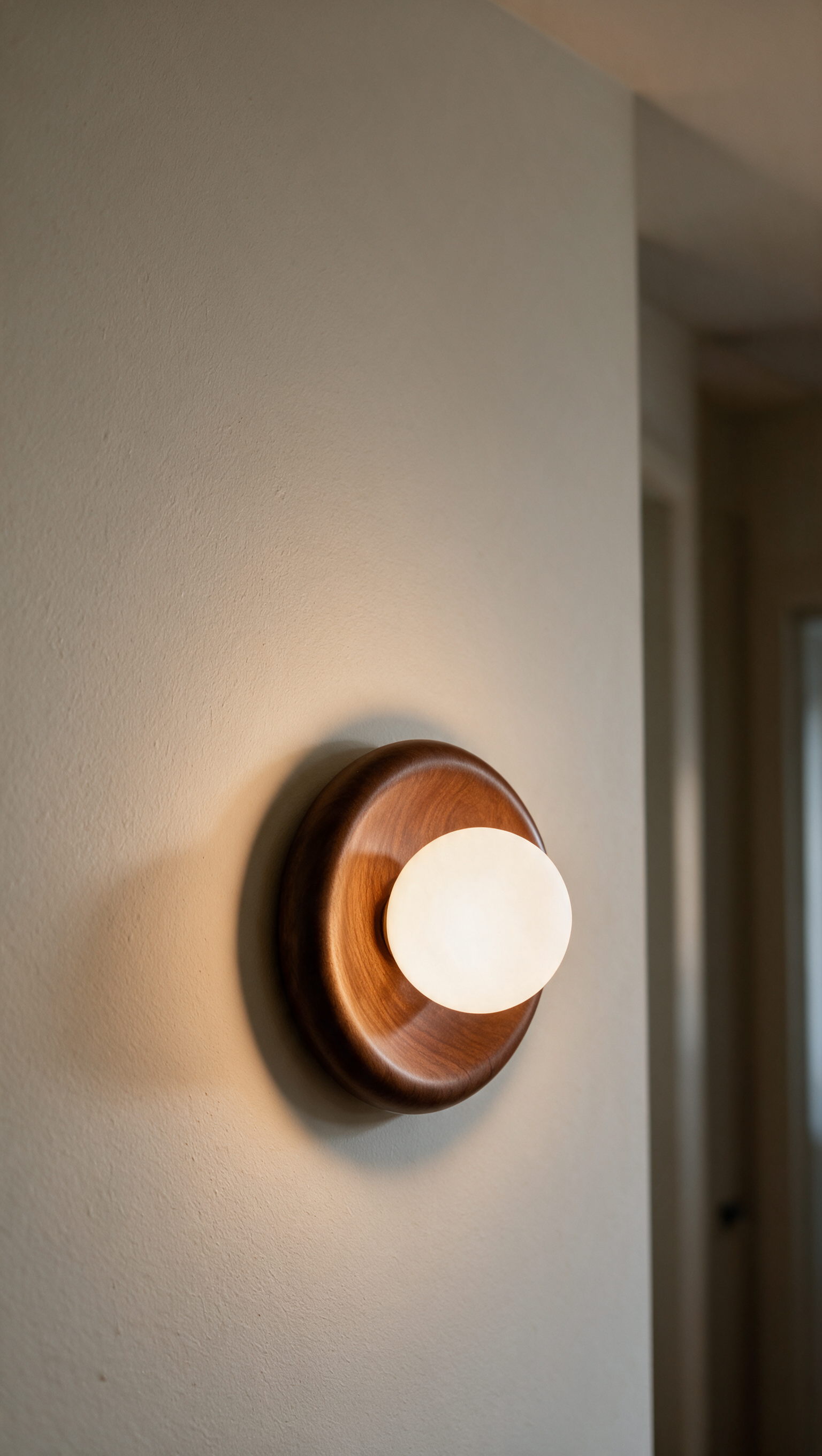 Marlow walnut wall sconce lighting a hallway at night