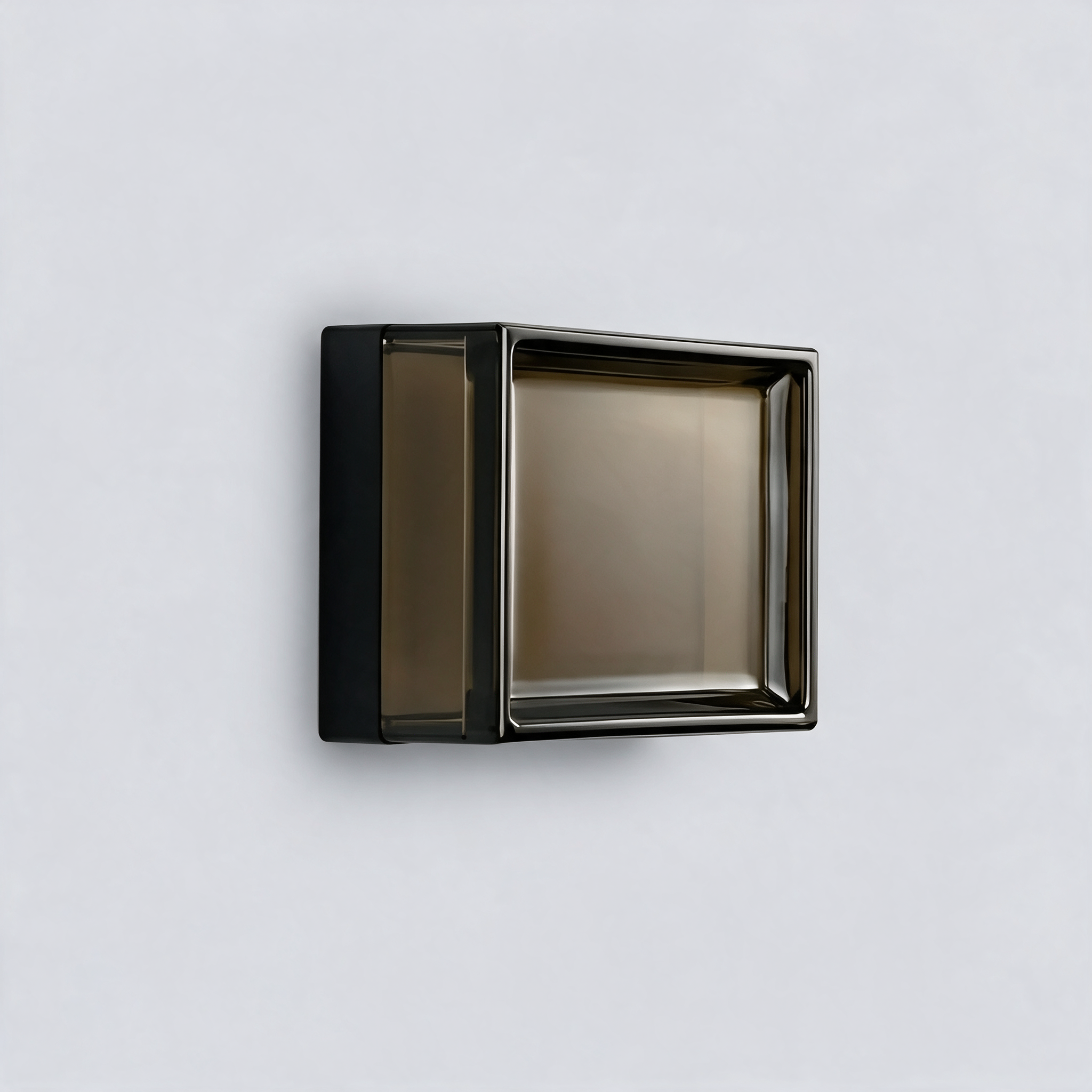 NOOR Wall Sconce, square with smoke grey shade, mounted on a wall
