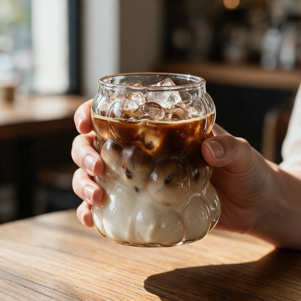Hand holding the Bolla Glass Mug filled with iced coffee