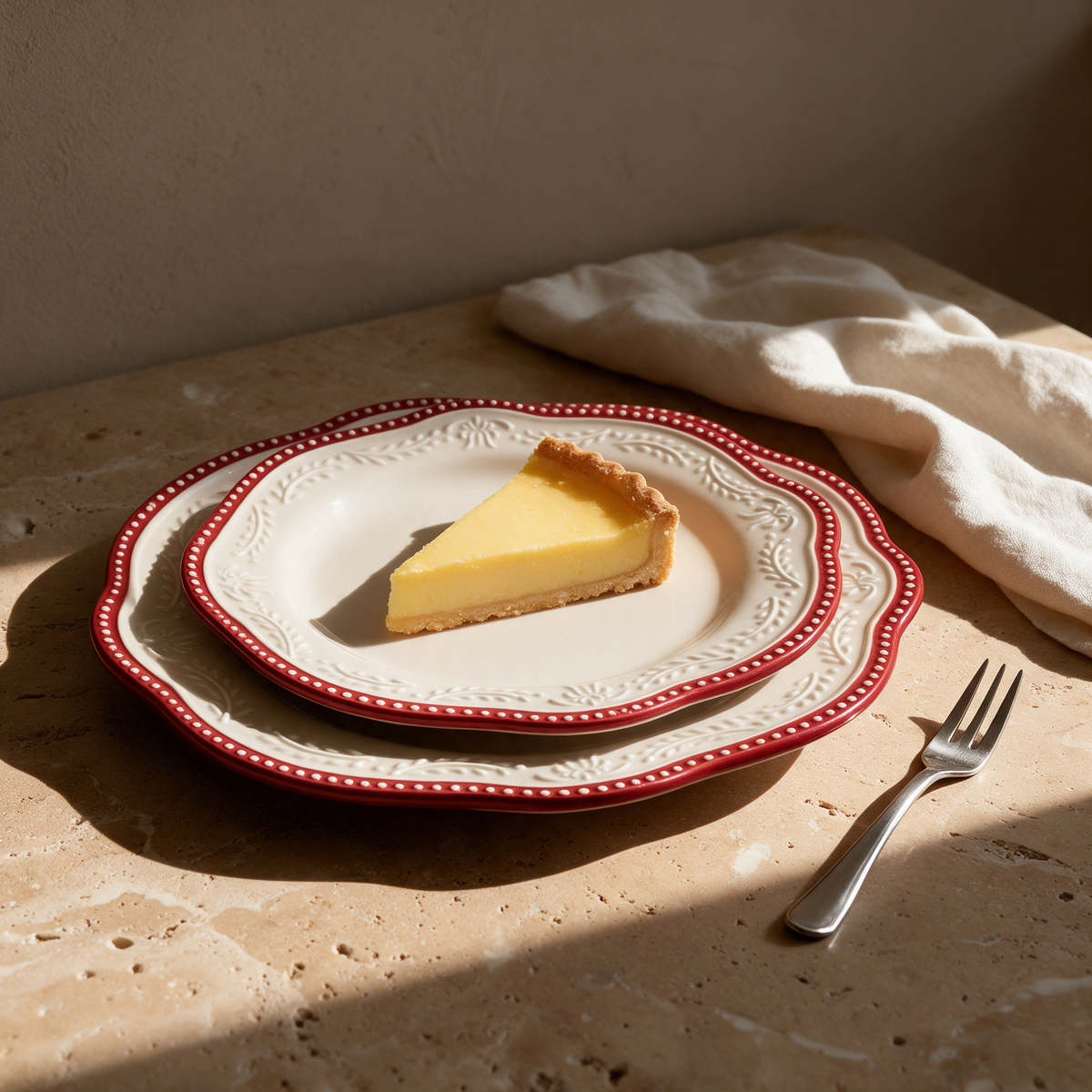 Perla Dessert Plates stacked on a sunlit travertine table