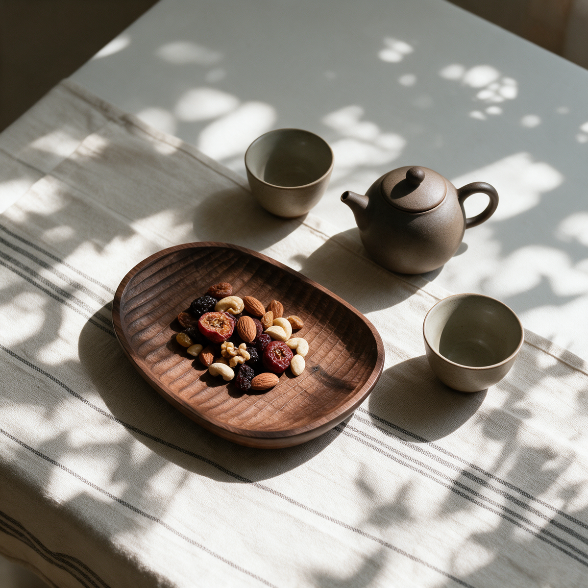 Olivo Serving Dish on a striped linen tablecloth in dappled sunlight