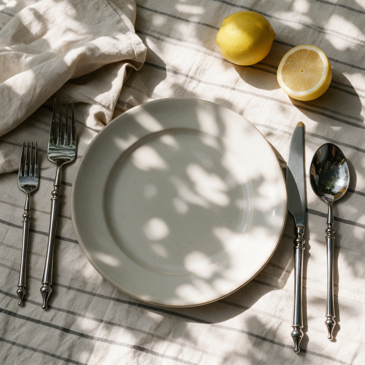 Place setting with Aria Cutlery on a striped linen tablecloth