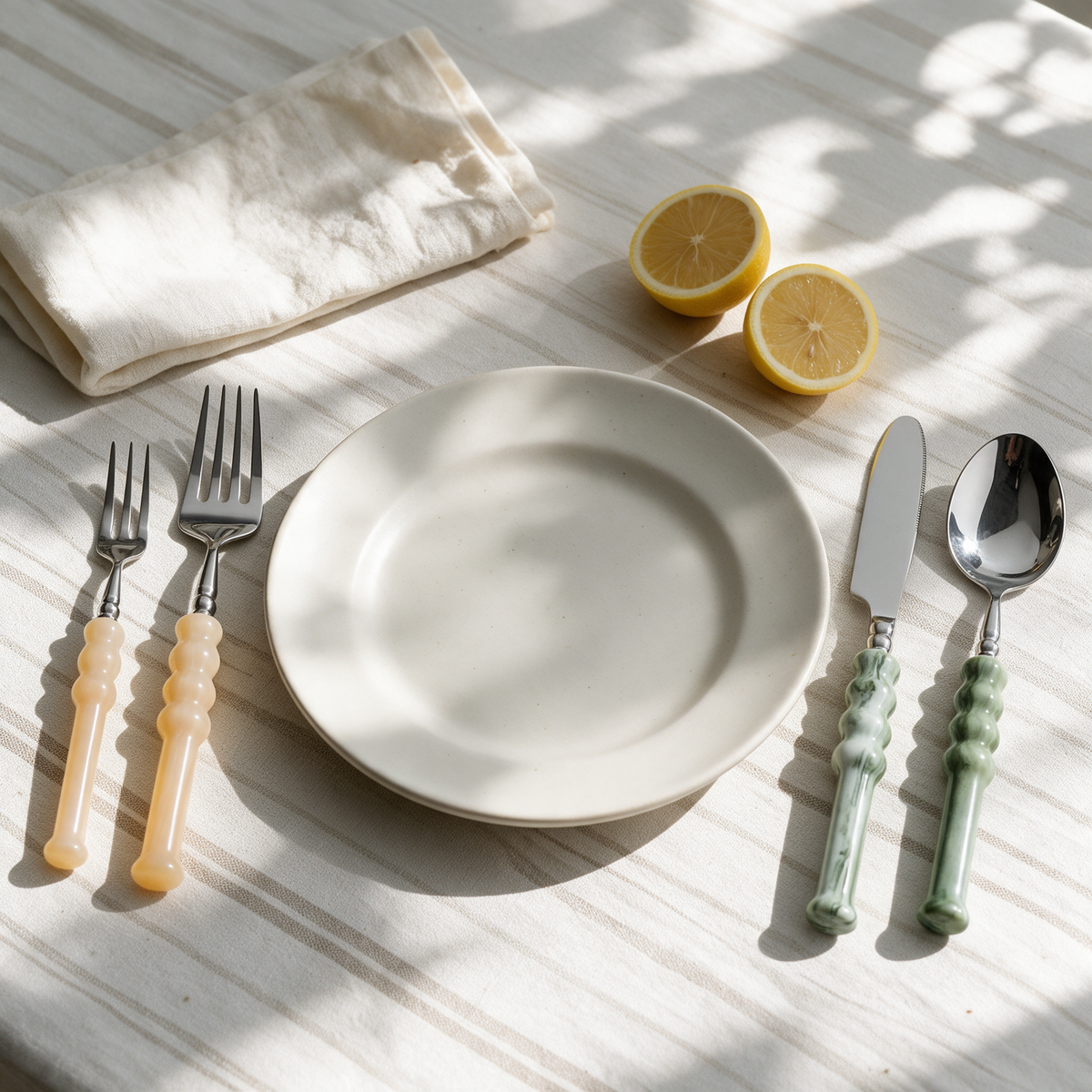 Place setting with Giada Cutlery on a striped linen tablecloth