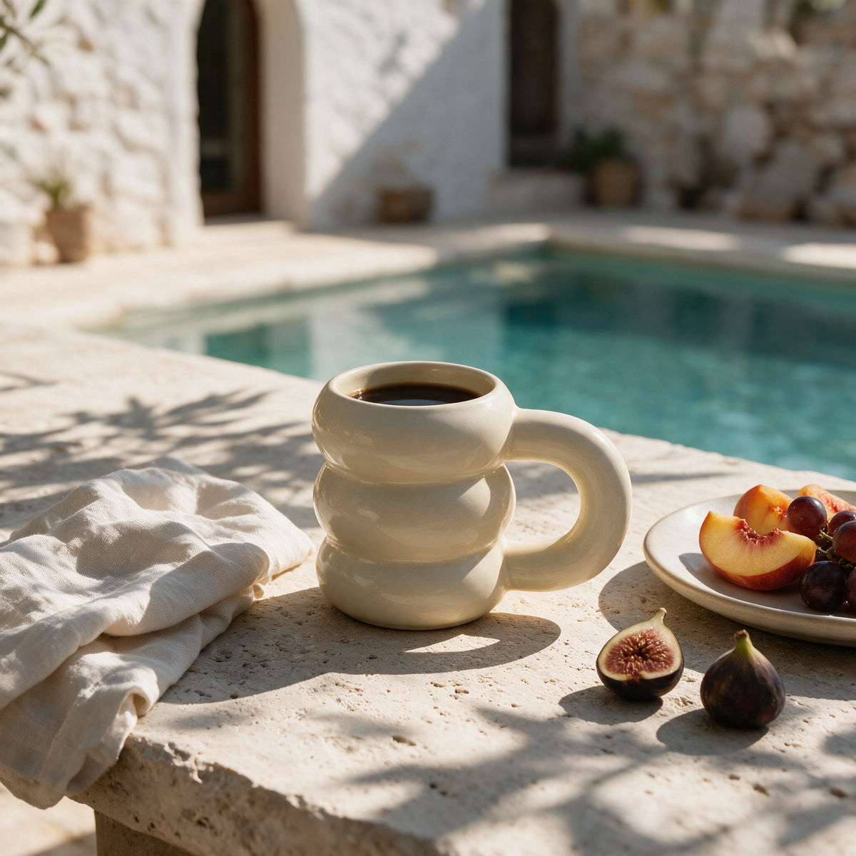 Capri Ceramic Mug at a villa terrace breakfast with peaches, grapes and figs
