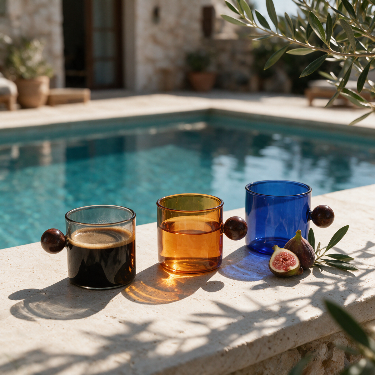 Palma Glass Mugs in three tints with figs on a travertine ledge at a stone villa pool
