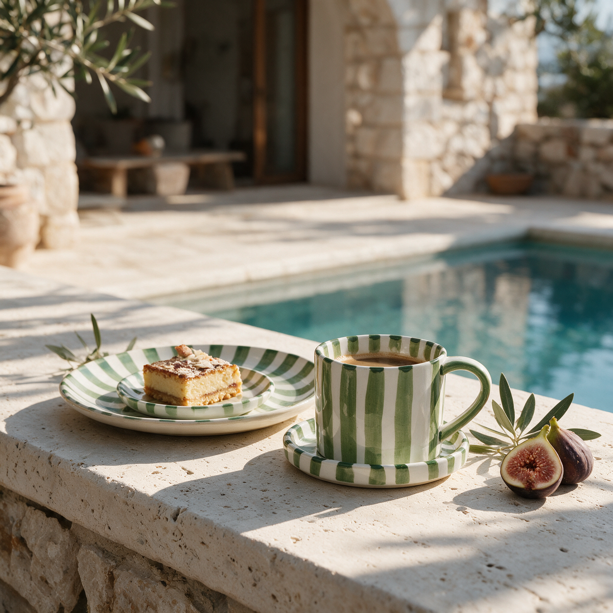 Fuerteventura Ceramic Mug Set with cake and figs on a travertine ledge at a stone villa pool