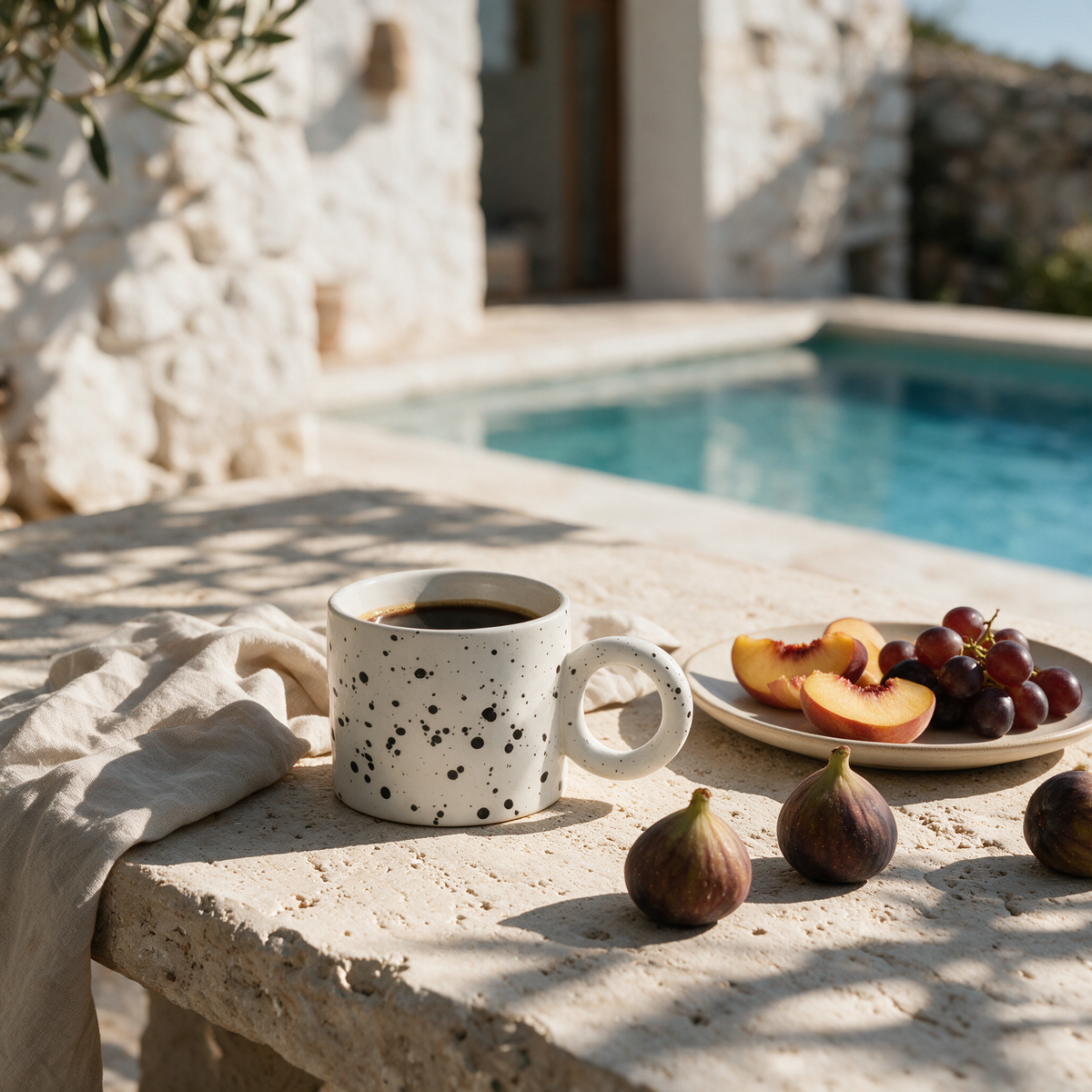 Menorca Ceramic Mug at a villa terrace breakfast with peaches, grapes and figs