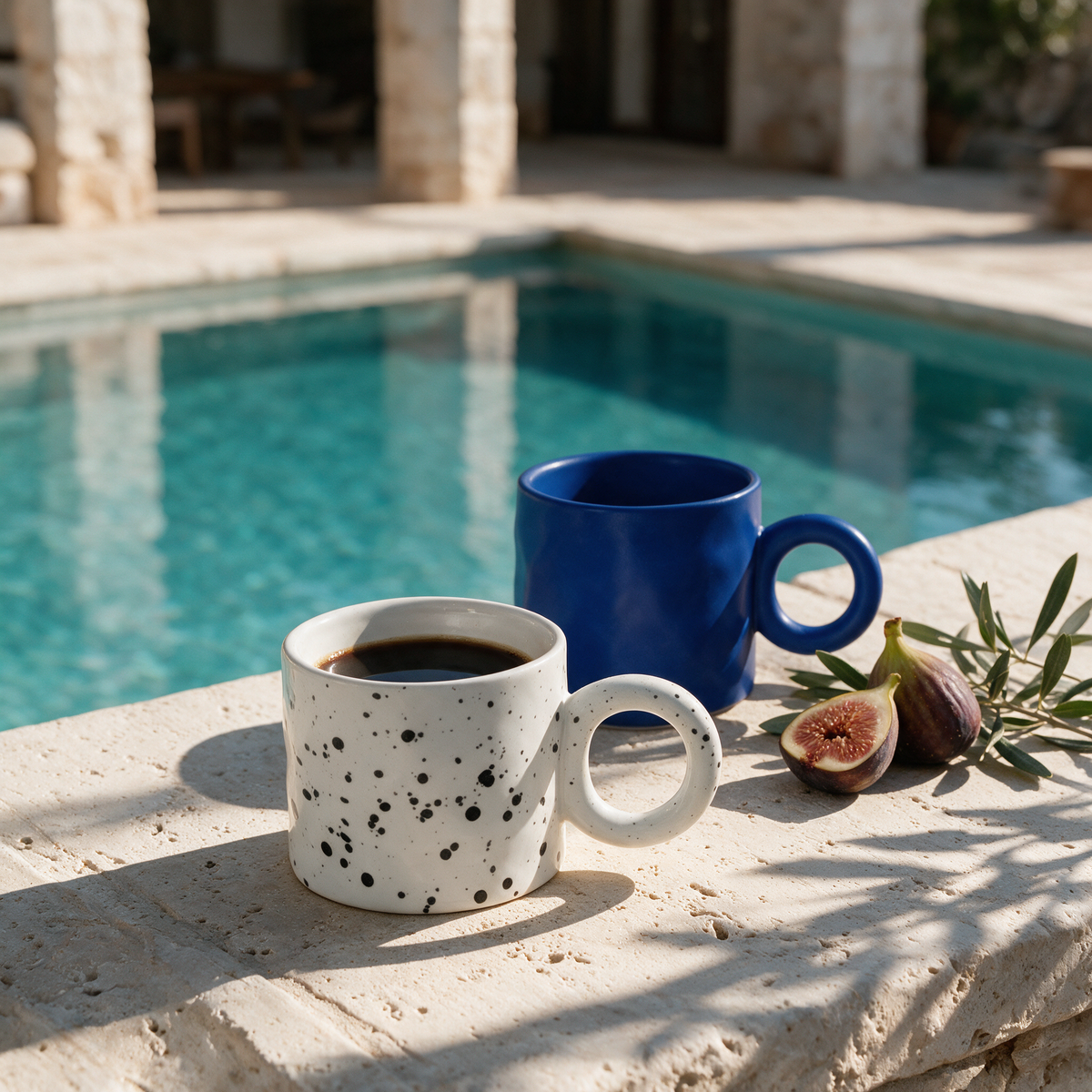 Menorca Ceramic Mugs with coffee and figs on a travertine ledge at a stone villa pool