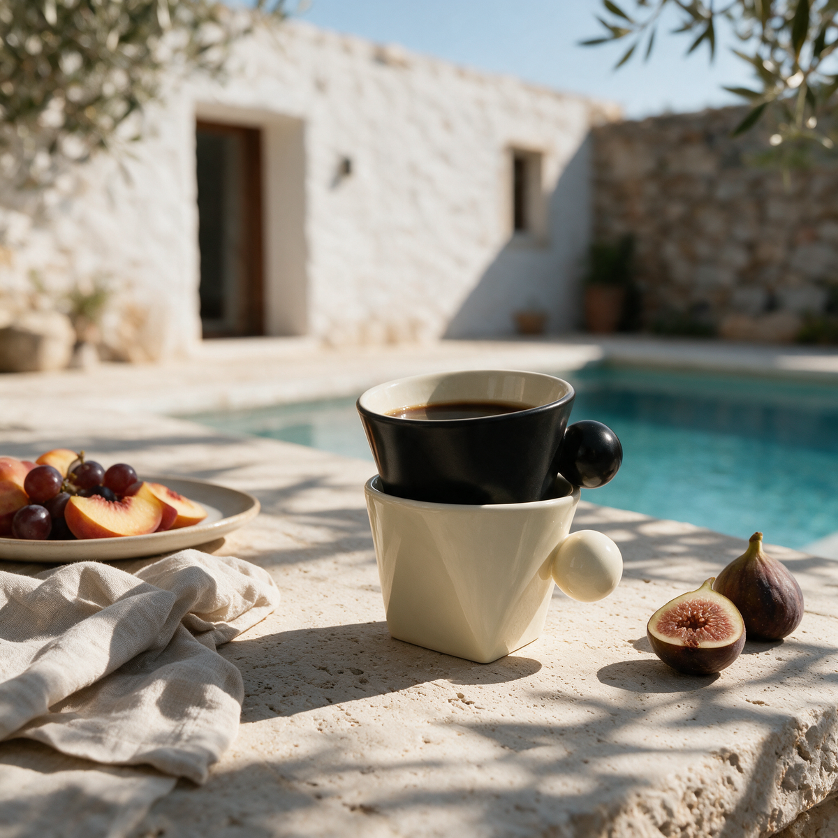 Cabrera Ceramic Mug at a villa terrace afternoon tea with peaches and figs