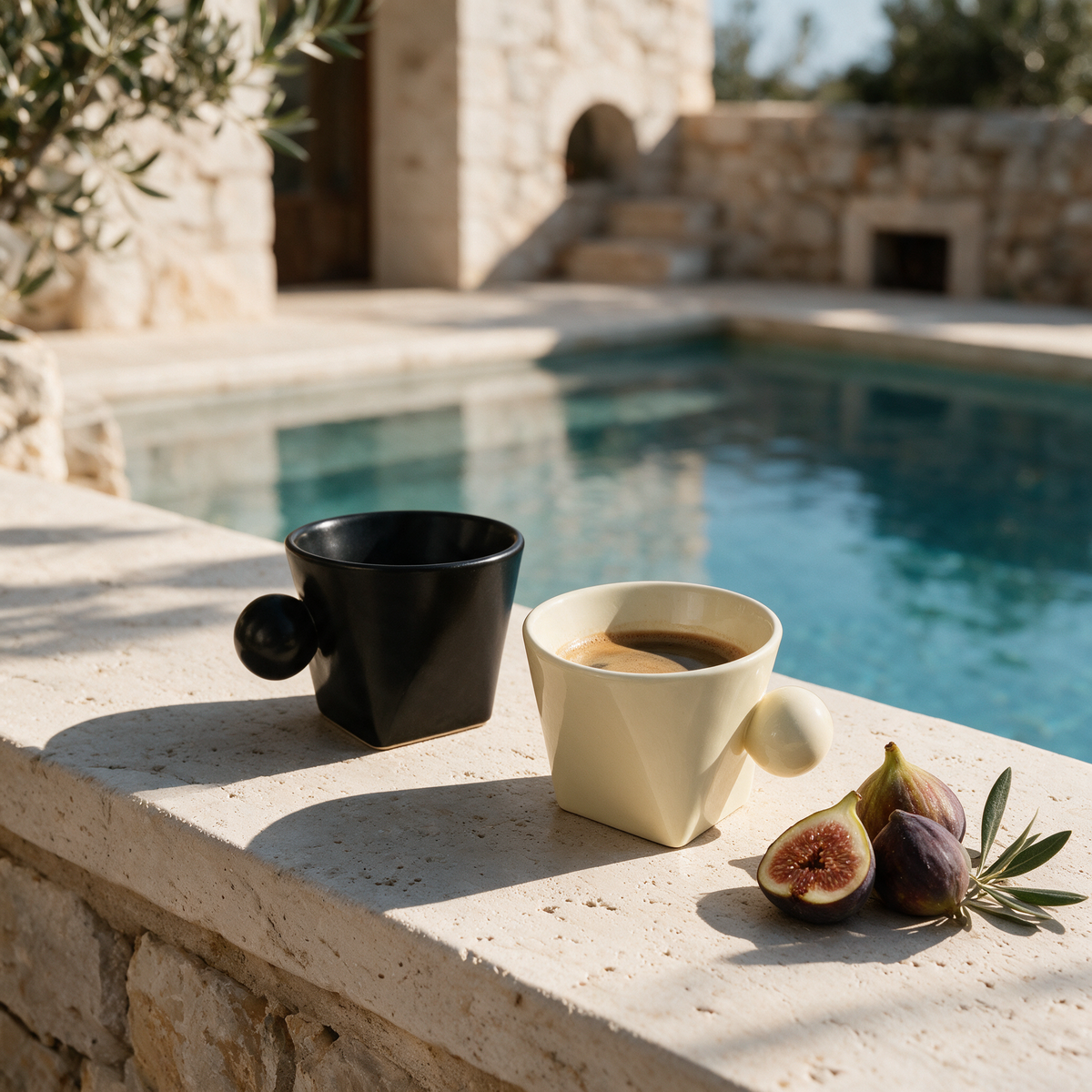 Cabrera Ceramic Mugs in black and milk yellow with figs at a stone villa pool