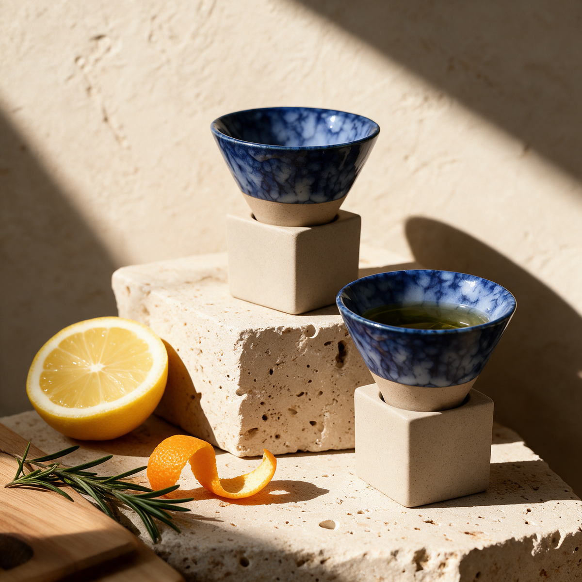 Honshu Ceramic Tea Cups on their square stands on sunlit travertine blocks with lemon and rosemary