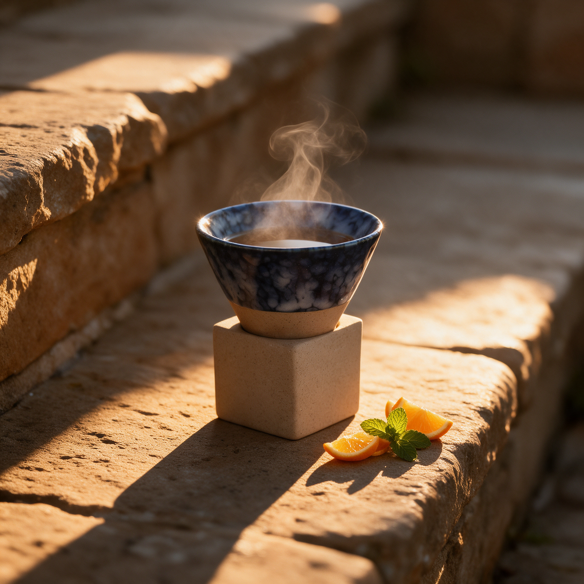 Honshu Ceramic Tea Cup steaming on a sandstone step in low golden light