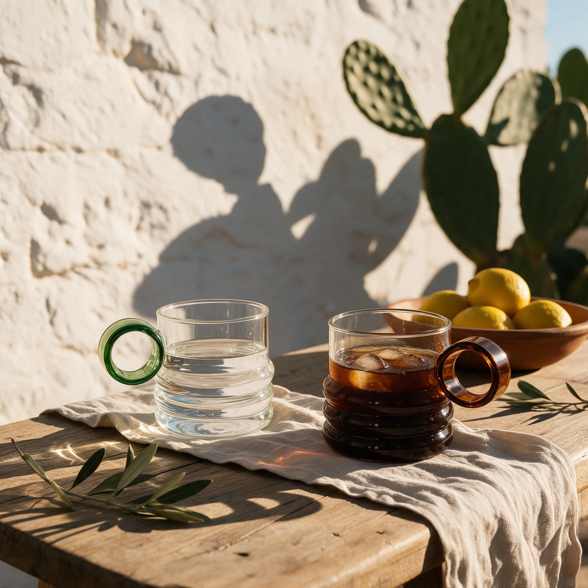 Ansa rippled glass mugs with amber and green tinted handles on a linen runner against a whitewashed masseria wall
